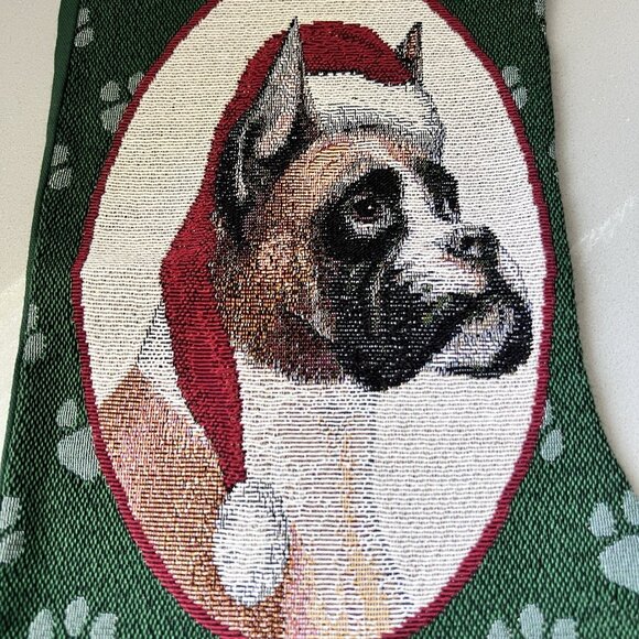 Linda Picken Christmas Holiday Stocking Dog Boxer in Santa Hat 12x20” Vintage - Picture 4 of 5